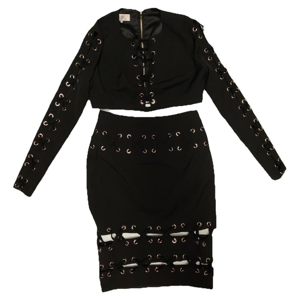 House Of CB London 2 Piece Black Lace Up Crop Top & Skirt Set Medium